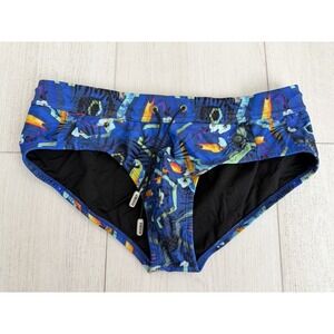 Mundo Unico Men's Brief Swimsuit Sz XL Blue Colorful Floral Toucan